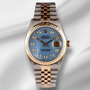 Rolex Datejust 36mm 18k YG & Steel Fluted Blue MOP Diamond Dial Watch - Picture 1 of 11
