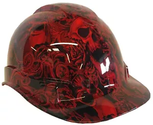 Hydro Dipped Hard Hat Ridgeline Cap Style Custom Red Filigree Skull - Picture 1 of 2