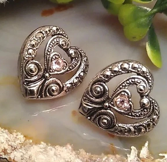 AVON Egyptian Revival Victorian Niello Pink Rhinestone Heart Earrings, Romantic! - Image 1 of 4
