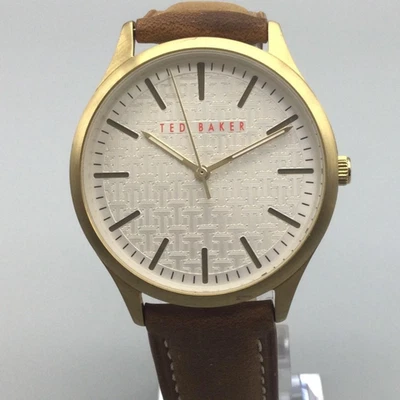 Ted Baker Watch Mens 40mm Gold Tone White Pattern Dial Brown Leather New Battery - Image 1 of 4