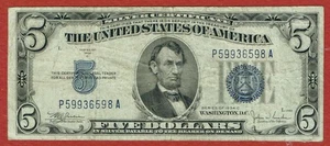 1934-C $5 SILVER CERTIFICATE FR-1653 WIDE 1 FRONT CH VF - Picture 1 of 2