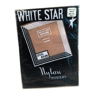 Vtg White Star Seamless Mesh DuPont Nylon Stockings 9 1/2 Beige 32” - Picture 1 of 3