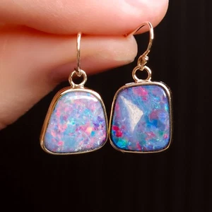 14K Gold Wrapped Australian Opal Hook Earrings Rare Australian Opal Doublet  - Bild 1 von 9