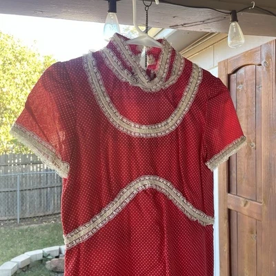 Maxi Vestido Prairie Cottage Core De Colección Años 70 Rojo Blanco Lunares Encaje Ribete Para Mujer’s S Foto 1 de 4