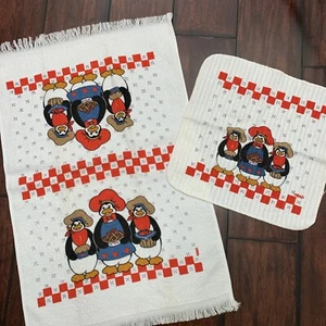 Vintage Geschirrtuch und Waschlappen Frottee B&D Pinguine Servieren Essen Retro - Bild 1 von 14