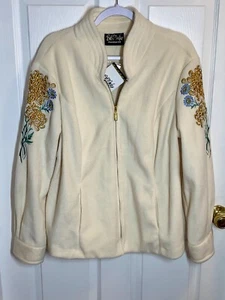 Bob Mackie Wearable Art 1X Plus Embroidered Jacket Coat Fleece Floral Cream NEW - Picture 1 of 22