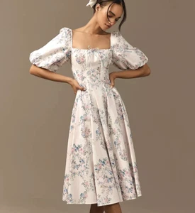 Selkie Puff Sleeve Day Midi Dress Bridgerton Anthropologie Floral Stripe L NEW - Picture 1 of 4
