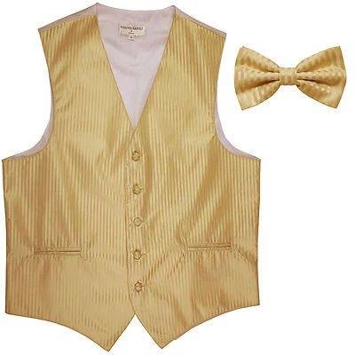 New Men's Vertical Tone on Tone stripes tuxedo Vest Waistcoat & bowtie gold - Image 1 of 4