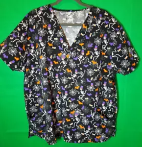 Halloween Black Skeleton Bat Scrub Top Medical Nursing Hospital Lab Women's 2X - Picture 1 of 5
