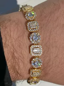 Solid 925 Sterling Silver 14k Gold Plated Baguette CZ Tennis Bracelet Hip Hop - Picture 1 of 12