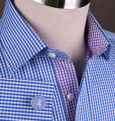 Camisa de vestir formal de negocios a cuadros de sarga azul a juego púrpura a cuadros y cuadros Foto 1 de 4