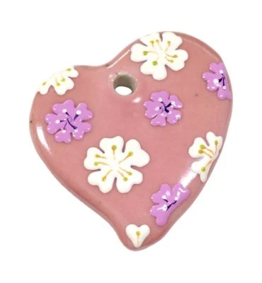 Heart Pendant Pink Flower Blossom Flower Ceramic 1.70" Pendant for Jewelry Makin - Image 1 of 2