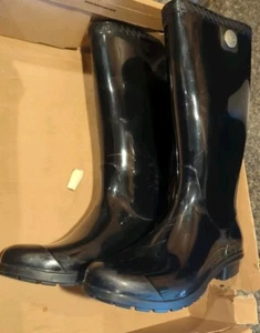 UGG Shaye Black High Gloss Finish Tall Pull On Rain Boots Women's Size 6 - Picture 1 of 11