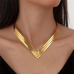 Collar de par en forma de V cuello de 3 capas babero de soldadura de metal para mujer collares grandes dorados - Imagen 1 de 16