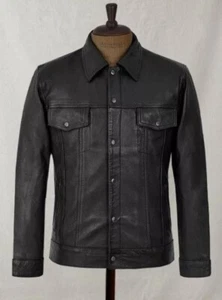 Men's Genuine Lambskin Black Leather Jacket Shirt Basic Vintage Biker Slim Fit - Picture 1 of 5