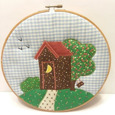  VTG Wooden Embroidered Hoop Frame Quilted 10" Outhouse Tree Country Primitive - Image 1 of 4