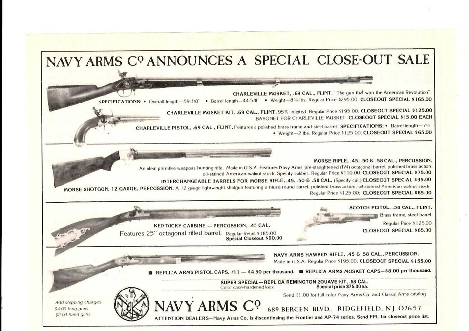 1979 Print Ad Navy Arms Co Announces a Special close Out Sale Charlieville Musk. - Image 1 of 1