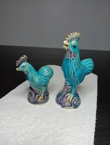 Lot Of 2 Vtg Chinese Antique Early 20th Century Turquoise Blue Glazed Roosters - Picture 1 of 13