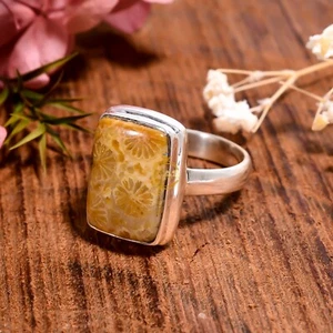 Natural Fossil Coral Gemstone Ring 925 Sterling Silver Boho Rings Gift for Her - Picture 1 of 4