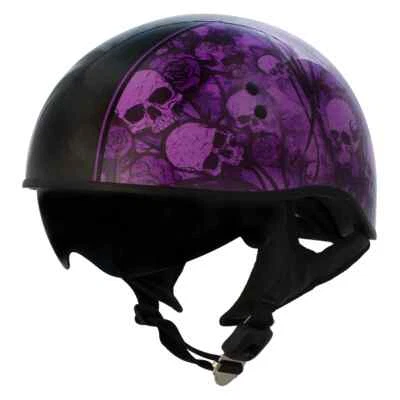 Medio casco Hot Leathers HLD1039 negro brillante púrpura calavera ramo avanzado DOT Foto 1 de 4