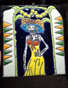 Day of the Dead Ceramic Art Tile Mexican Art Skeleton LA Catrina Handmade 6X6 - Picture 1 of 8