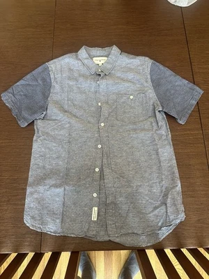 Modern Amusement Mens Button Front Shirt L Blue Linen Cotton Collar Short Sleeve - Image 1 of 3
