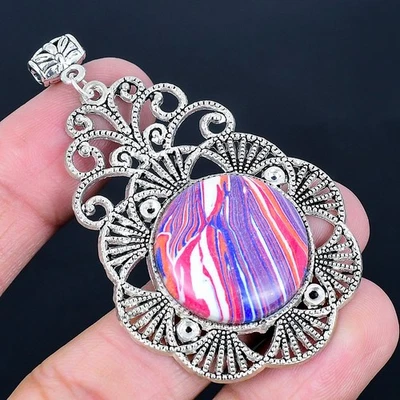 Pingente de calsílica arco-íris folheado a prata 925 feito à mão de 2,68" - Imagem 1 de 3