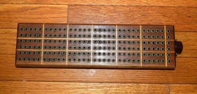Vintage 13" Cribbage Board Maple Hardwood Brass Inlay  2 Pegs - Image 1 of 4