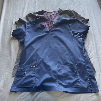 Koi Scrub Top Bundle Of Two Women's XL Blue Grey Short Sleeve Medical Nursing - Image 1 of 4