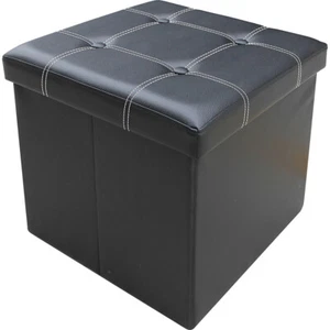 Folding Faux Leather Stool Storage Box Toy Chest Cube Seat Ottoman Black Bench - Picture 1 of 3