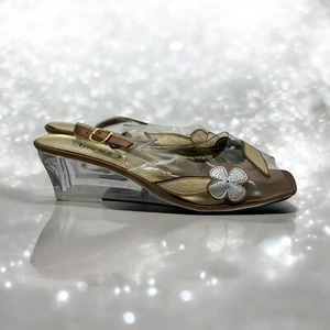 Vintage Amanda Carson Gold Slingback Open Toe Clear Wedge Heels Sz 9.5W - Picture 1 of 23