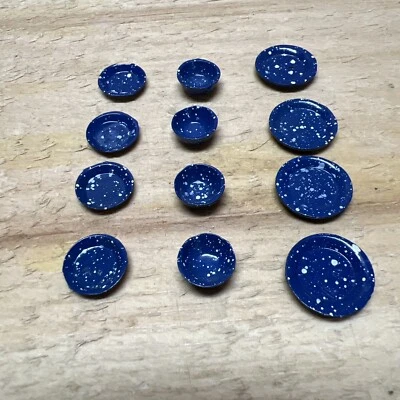 Platos y cuencos miniatura para casa de muñecas (azul moteado) escala 1:12 Foto 1 de 4