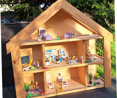 Puppenhaus Holz gebraucht, Puppenstube, 3 Etagen, 7 Zi, Playmobil Möbel u. Zubeh - Bild 1 von 4