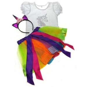 Childrens Costume Unicorn TShirt Tutu Rainbow Skirt Purple Headband Bling XL - Picture 1 of 6