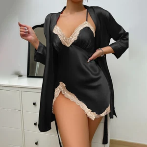 Sexy Ladies ❤️2PCS Women Satin Lace Lingerie Sleepwear Nightdress Dress Cardigan - Picture 1 of 7