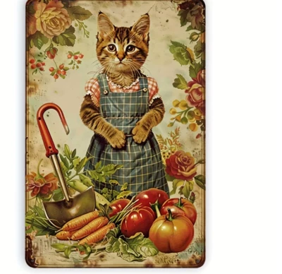 Unique Rustic Country Vintage Dressed Cat In Vegetable Garden Spring Wall Decor - Image 1 of 3
