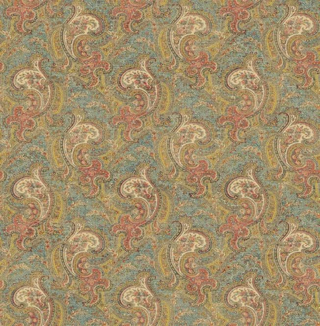 Wallpaper Beige Blue Teal Red Mustard Paisley Scarf Print  ,56 sq ft bolt - Image 1 of 1