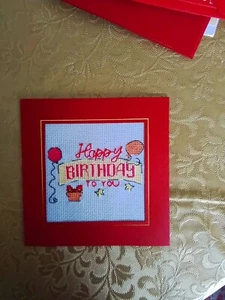 Hand Made completed cross stitch Red Birthday Card - Picture 1 of 2