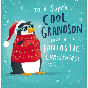Super Cool Grandson Penguin Christmas Card – Funny Cartoon Fantastic Xmas Card - Picture 1 of 1
