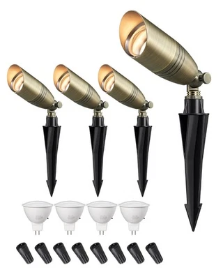 Пейзажные светильники EDISHINE из цельной латуни 12 В низкого напряжения, упаковка из 4 ламп MR16 в комплекте - Изображение 1 из 4
