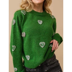 Blue b. Rhinestone Heart Sweater w Sequins Wool Blend Green Sz L Kawaii Holiday - Picture 1 of 14