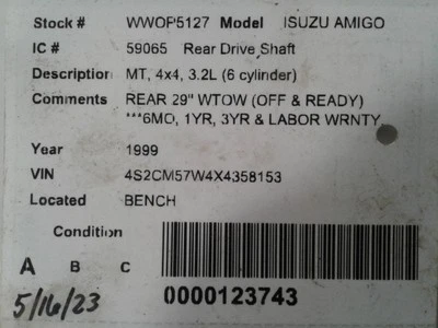 Rear Drive Shaft 2 Door Sport Manual Transmission Fits 01-03 ISUZU RODEO 1709895 - Image 1 of 4