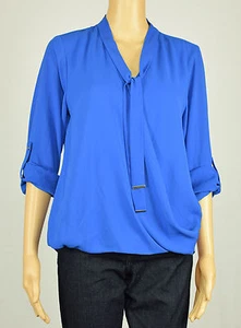 Alfani Womens Blue Tie-Neck Roll Tab Sleeves Faux-Wrap Blouse Top 6 - Picture 1 of 3