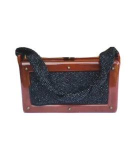 VTG 40s Brown BAKELITE Box Handbag Black Glass Beads Braided Handle Art Deco - Picture 1 of 15
