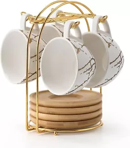 Ceramic Demitasse Espresso Cups Set with Saucers Metal Stand 8 oz Porcelain - Picture 1 of 6