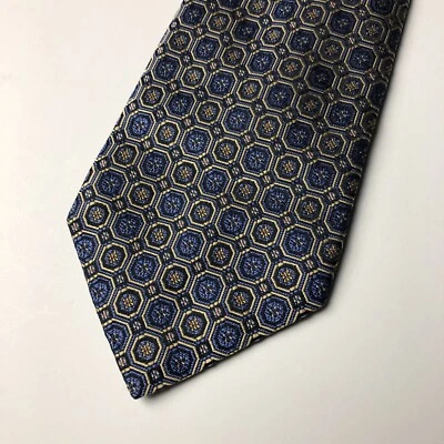 David Donahue 领带蓝色金色八角形几何编织丝绸 62 — 第 1/4 张图片