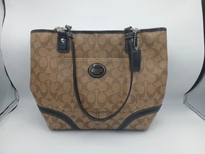 Coach F18917 Peyton Tote Tan Khaki Signature PVC Brown Trim Handbag - Picture 1 of 10