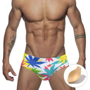 Men's Print Swimming Swimsuit Briefs White Swim Beach Shorts Underwear with Cup - Picture 1 of 13