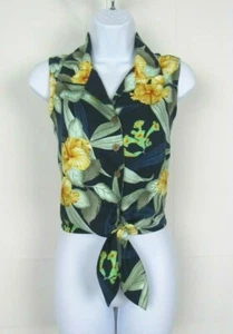 VTG 1990s CARIBBEAN JOE LET GO SMALL FLORAL FRONT TIE TOP RAYON  - Picture 1 of 12
