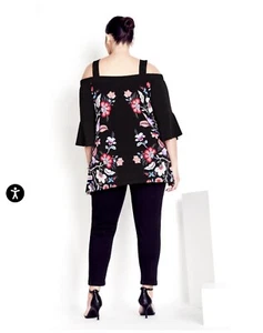 Avenue Women's 3/4 Sleeve Kiara Top Plus Size 22/24 Cold Shoulder Floral Black - Picture 1 of 9